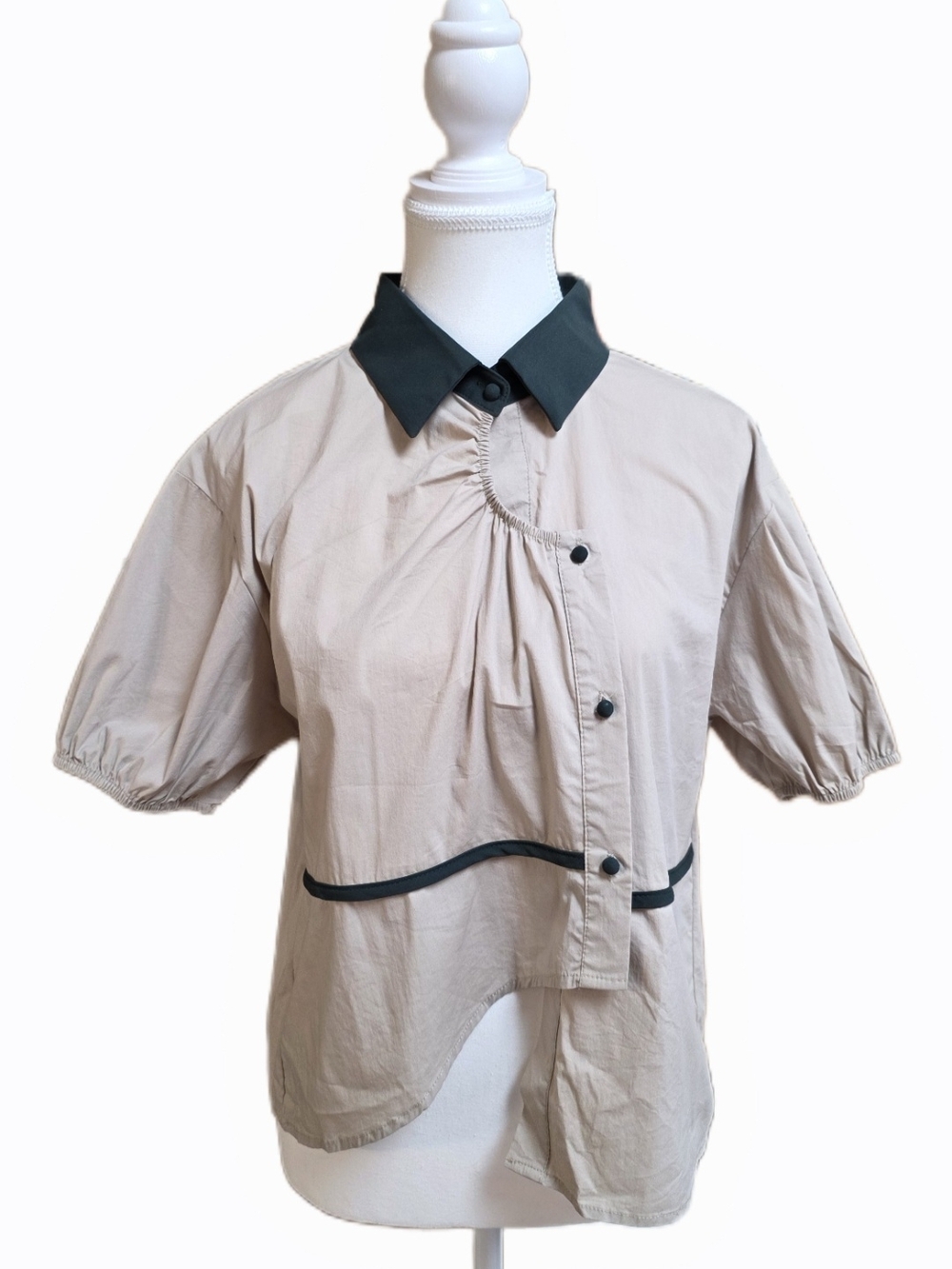 Mayonez Asymmetrical Blouse Beige Green Collar Puff Sleeve